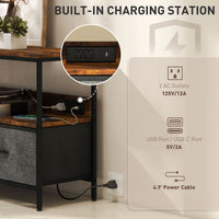 TV Stand with Charging Station, TV Table with 2 Foldable Linen Drawers and Open Shelf for 47 Inch TV, Rustic Brown