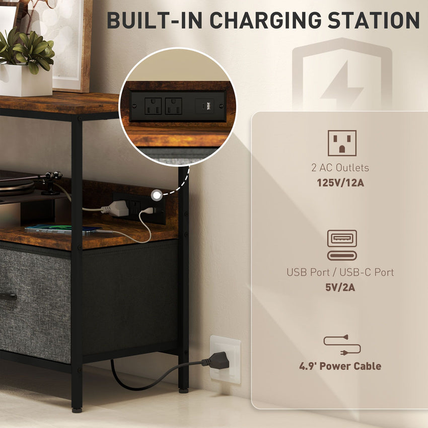 TV Stand with Charging Station, TV Table with 2 Foldable Linen Drawers and Open Shelf for 47 Inch TV, Rustic Brown