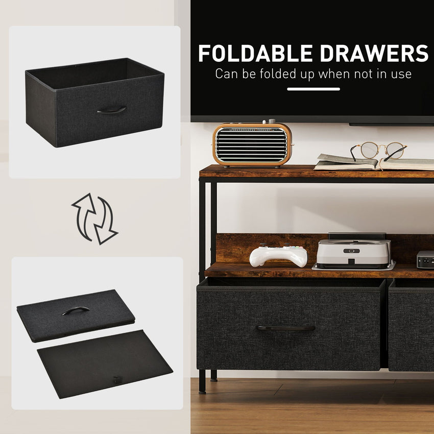 TV Stand with Charging Station, TV Table with 2 Foldable Linen Drawers and Open Shelf for 47 Inch TV, Rustic Brown