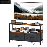 TV Stand with Charging Station, TV Table with 2 Foldable Linen Drawers and Open Shelf for 47 Inch TV, Rustic Brown