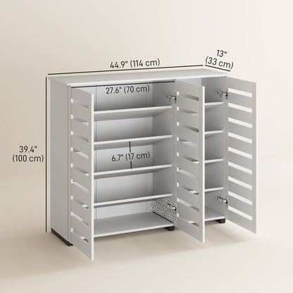 Narrow Shoe Cabinet with Slatted Doors, Adjustable Shelves for 20 Pairs of Shoes, Shoe Cabinet for Entryway, White