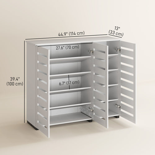 Narrow Shoe Cabinet with Slatted Doors, Adjustable Shelves for 20 Pairs of Shoes, Shoe Cabinet for Entryway, White