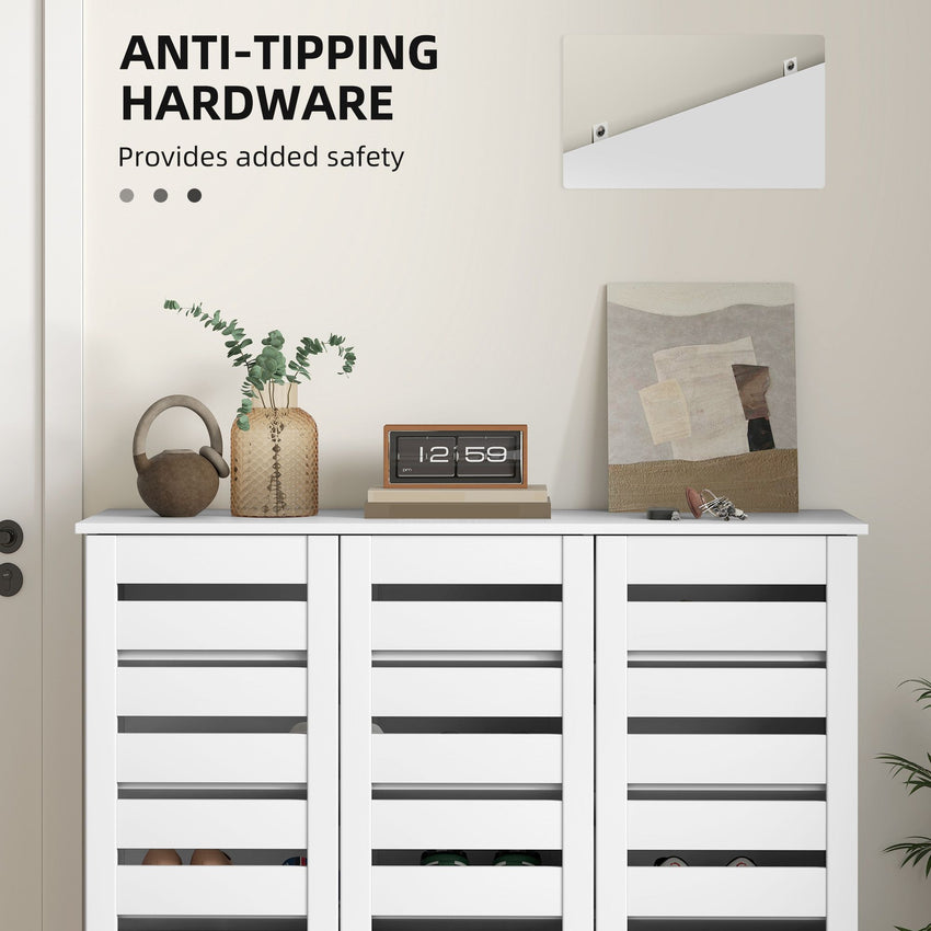 Narrow Shoe Cabinet with Slatted Doors, Adjustable Shelves for 20 Pairs of Shoes, Shoe Cabinet for Entryway, White