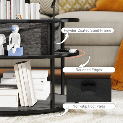 Lift Top Coffee Table, Round Coffee Table with Storage Shelf, Hidden Compartment and Steel Frame, Distressed Dark Grey