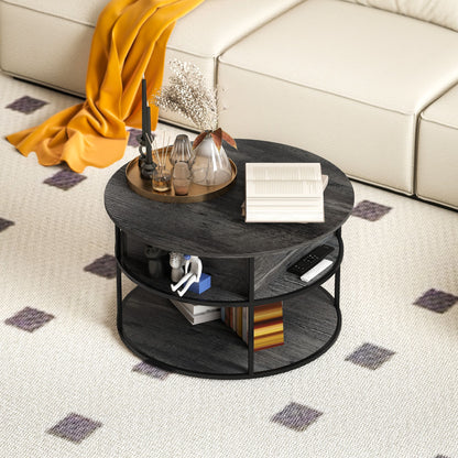 Lift Top Coffee Table, Round Coffee Table with Storage Shelf, Hidden Compartment and Steel Frame, Distressed Dark Grey