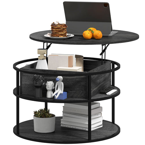 Lift Top Coffee Table, Round Coffee Table with Storage Shelf, Hidden Compartment and Steel Frame, Distressed Dark Grey
