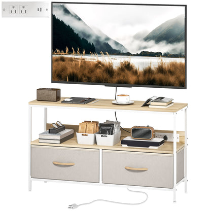 TV Stand with Charging Station, TV Table with 2 Foldable Linen Drawers and Open Shelf for 47 Inch TV, Oak