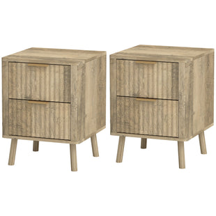 Night Stands Set of 2, Nightstands with Finger Pulls and Fluted Drawers, Bedside Tables with Round Edges, Oak