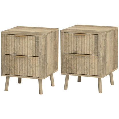 Night Stands Set of 2, Nightstands with Finger Pulls and Fluted Drawers, Bedside Tables with Round Edges, Oak