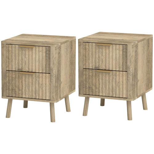 Night Stands Set of 2, Nightstands with Finger Pulls and Fluted Drawers, Bedside Tables with Round Edges, Oak