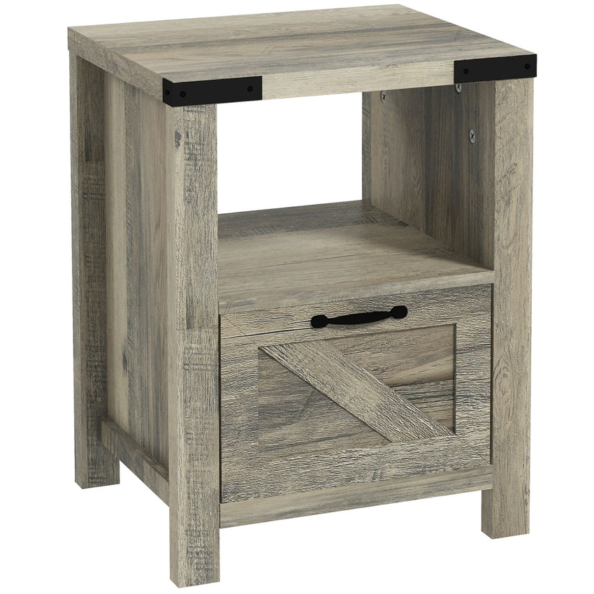 Side Table with Storage, Farmhouse End Table with Drawer, Open Shelf and Barn-style Panel, Nightstand for Living Room, Bedroom, Grey