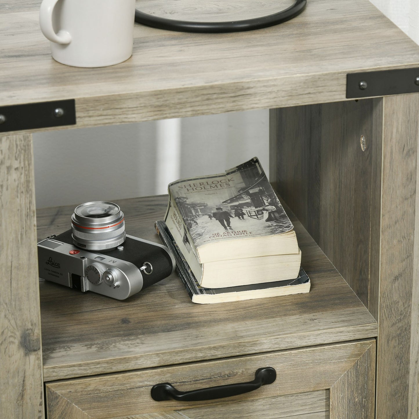 Side Table with Storage, Farmhouse End Table with Drawer, Open Shelf and Barn-style Panel, Nightstand for Living Room, Bedroom, Grey