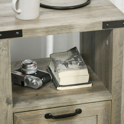 Side Table with Storage, Farmhouse End Table with Drawer, Open Shelf and Barn-style Panel, Nightstand for Living Room, Bedroom, Grey