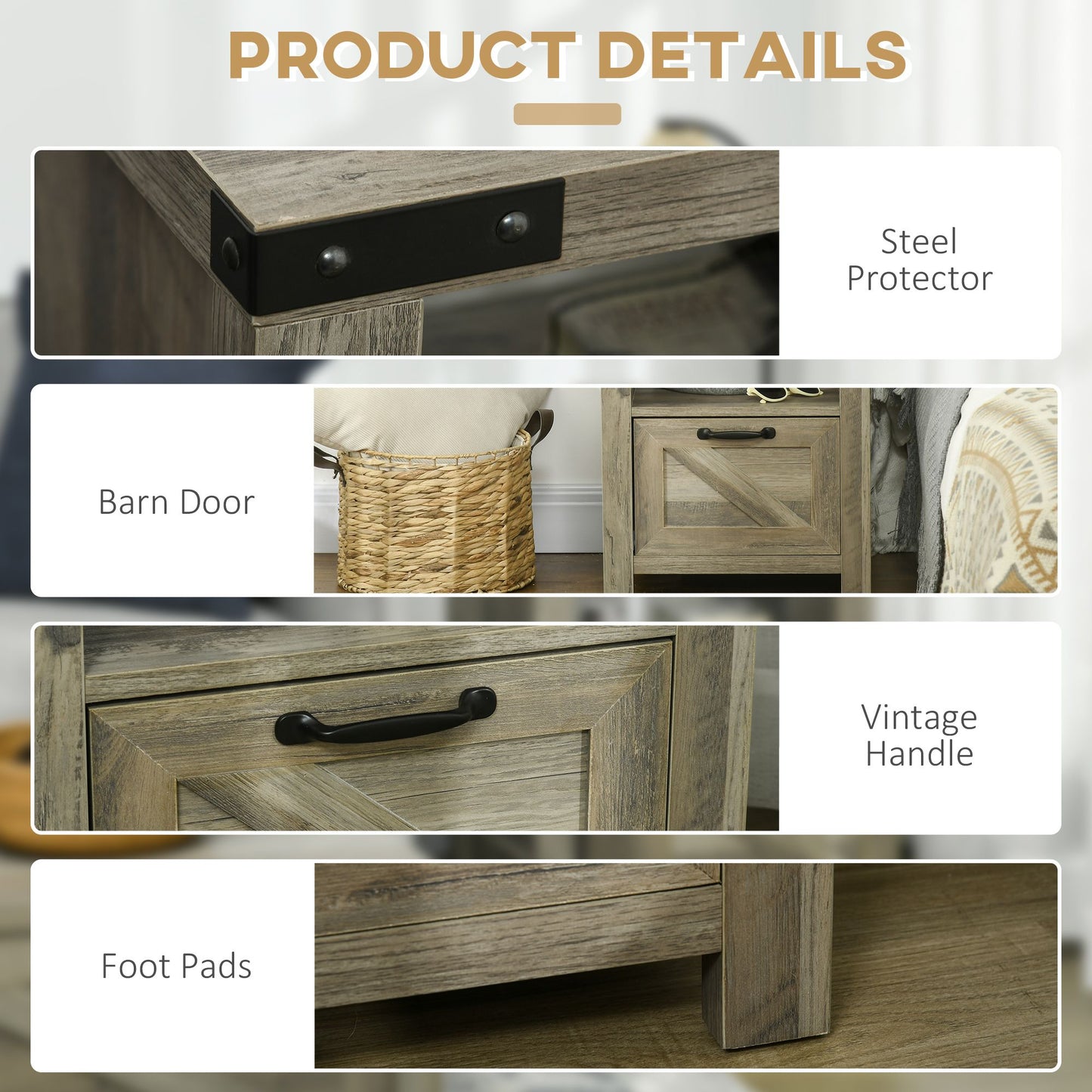 Side Table with Storage, Farmhouse End Table with Drawer, Open Shelf and Barn-style Panel, Nightstand for Living Room, Bedroom, Grey