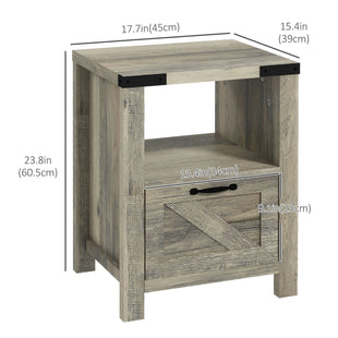 Side Table with Storage, Farmhouse End Table with Drawer, Open Shelf and Barn-style Panel, Nightstand for Living Room, Bedroom, Grey
