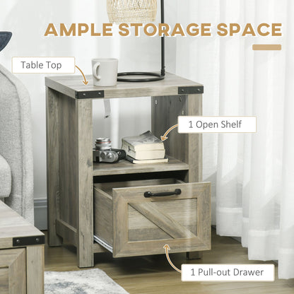 Side Table with Storage, Farmhouse End Table with Drawer, Open Shelf and Barn-style Panel, Nightstand for Living Room, Bedroom, Grey