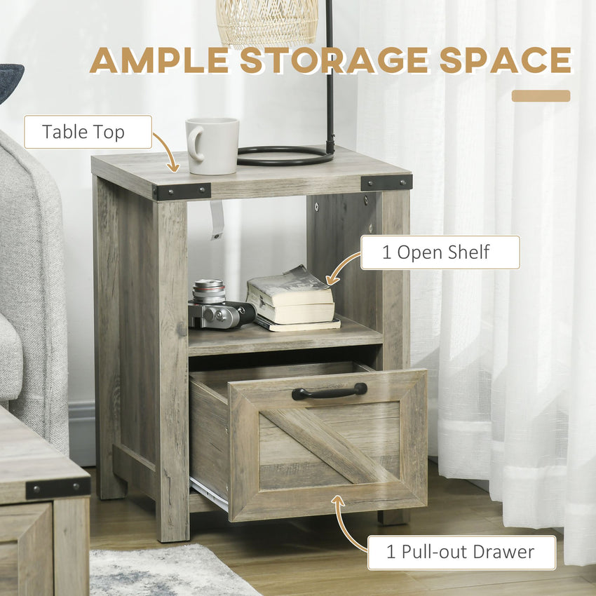 Side Table with Storage, Farmhouse End Table with Drawer, Open Shelf and Barn-style Panel, Nightstand for Living Room, Bedroom, Grey