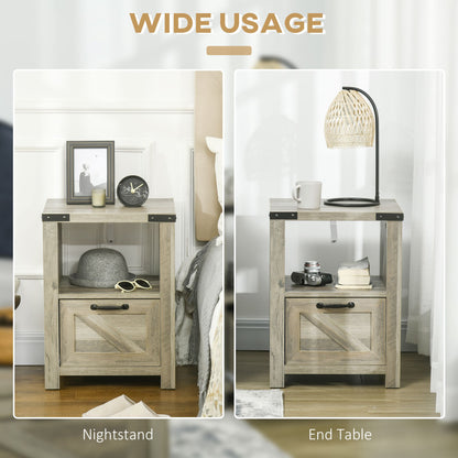 Side Table with Storage, Farmhouse End Table with Drawer, Open Shelf and Barn-style Panel, Nightstand for Living Room, Bedroom, Grey