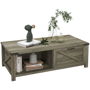 Farmhouse Coffee Table with Drawer and Storage Shelf, Rustic Center Table for Living Room, Meeting Room, Grey