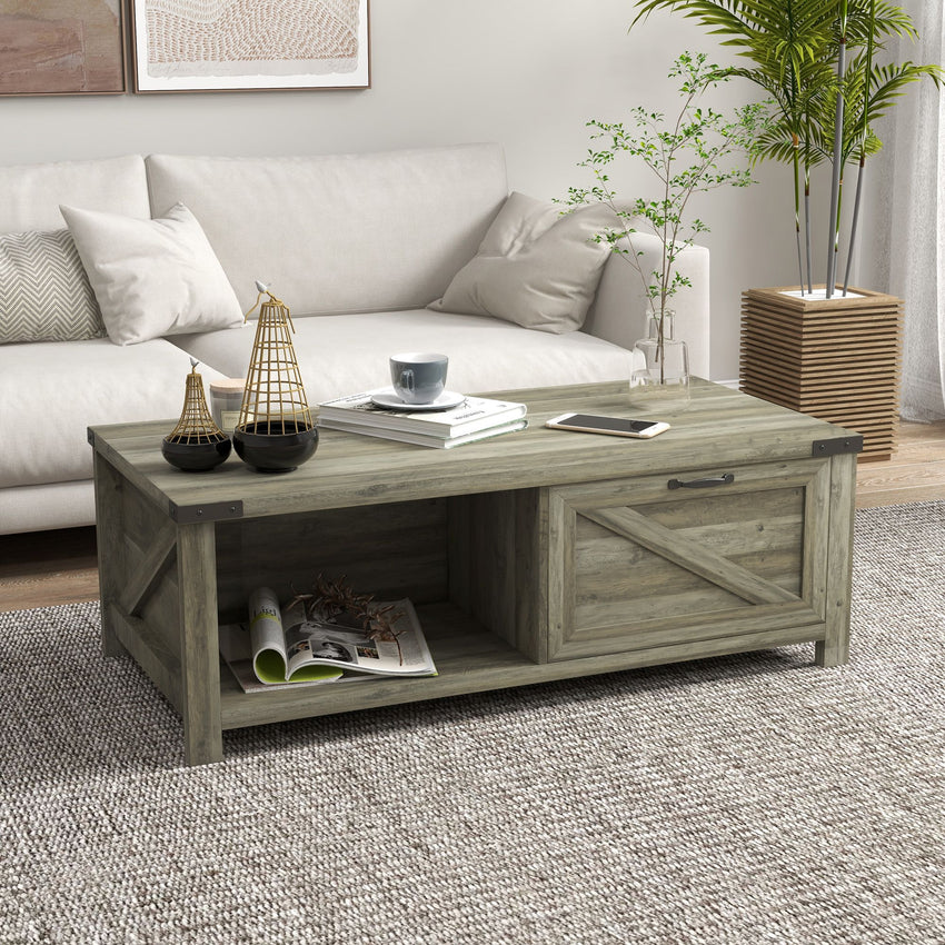 Farmhouse Coffee Table with Drawer and Storage Shelf, Rustic Center Table for Living Room, Meeting Room, Grey