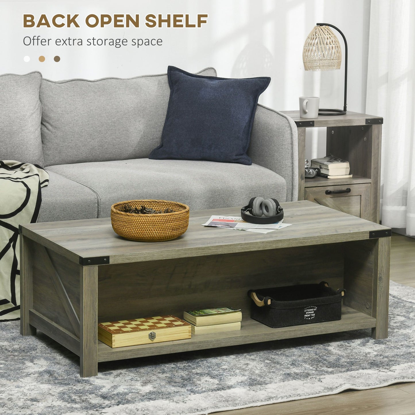 Farmhouse Coffee Table with Drawer and Storage Shelf, Rustic Center Table for Living Room, Meeting Room, Grey
