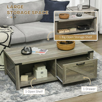Farmhouse Coffee Table with Drawer and Storage Shelf, Rustic Center Table for Living Room, Meeting Room, Grey