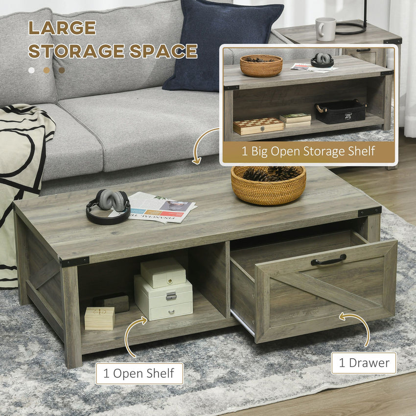Farmhouse Coffee Table with Drawer and Storage Shelf, Rustic Center Table for Living Room, Meeting Room, Grey