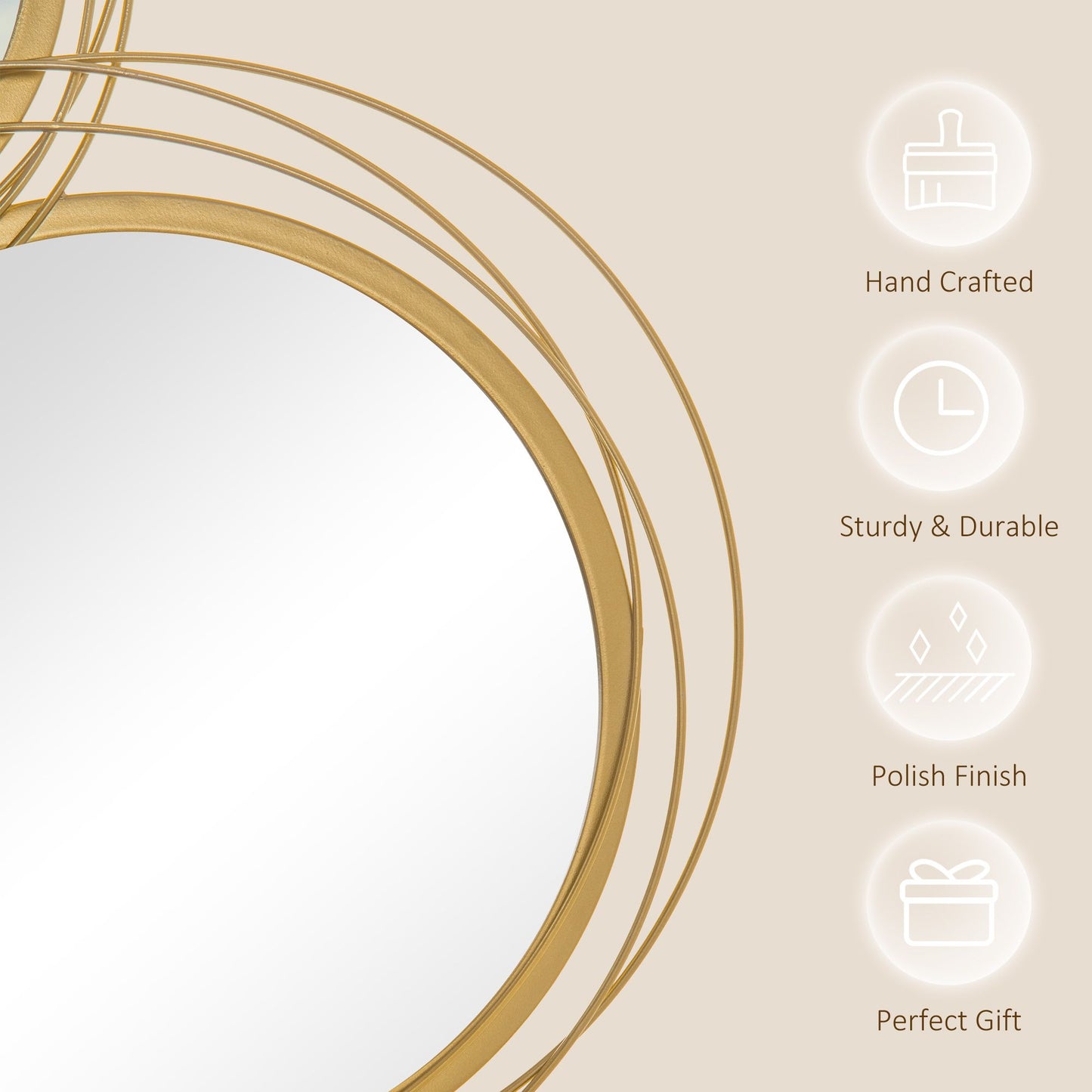 Metal Wall Art Gold Frame Circle Bathroom Mirror Decor Home Hanging Wall Sculptures for Living Room Bedroom Dining Room, 42.25" W x 22" H, Gold