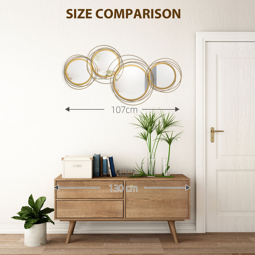 Metal Wall Art Gold Frame Circle Bathroom Mirror Decor Home Hanging Wall Sculptures for Living Room Bedroom Dining Room, 42.25" W x 22" H, Gold