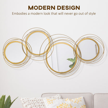 Metal Wall Art Gold Frame Circle Bathroom Mirror Decor Home Hanging Wall Sculptures for Living Room Bedroom Dining Room, 42.25" W x 22" H, Gold