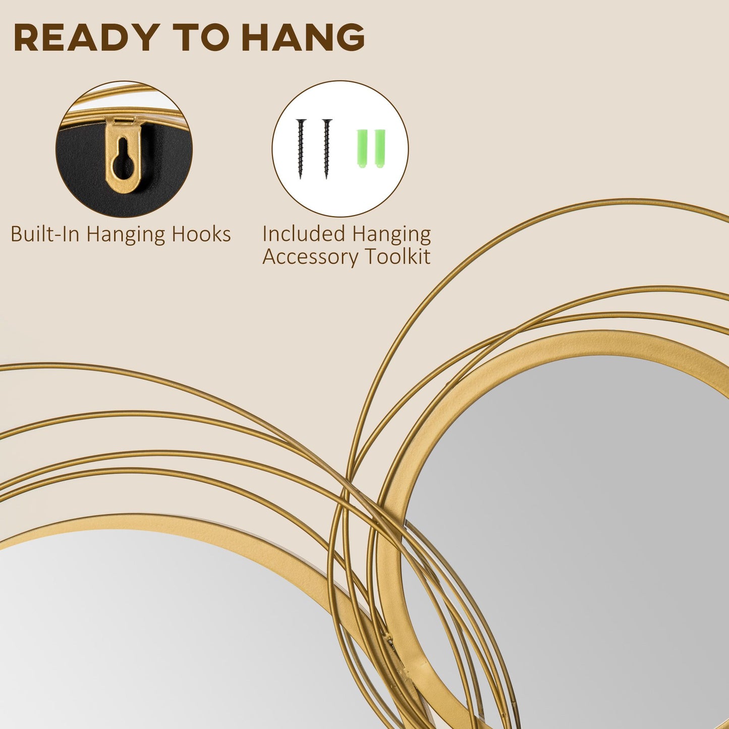 Metal Wall Art Gold Frame Circle Bathroom Mirror Decor Home Hanging Wall Sculptures for Living Room Bedroom Dining Room, 42.25" W x 22" H, Gold