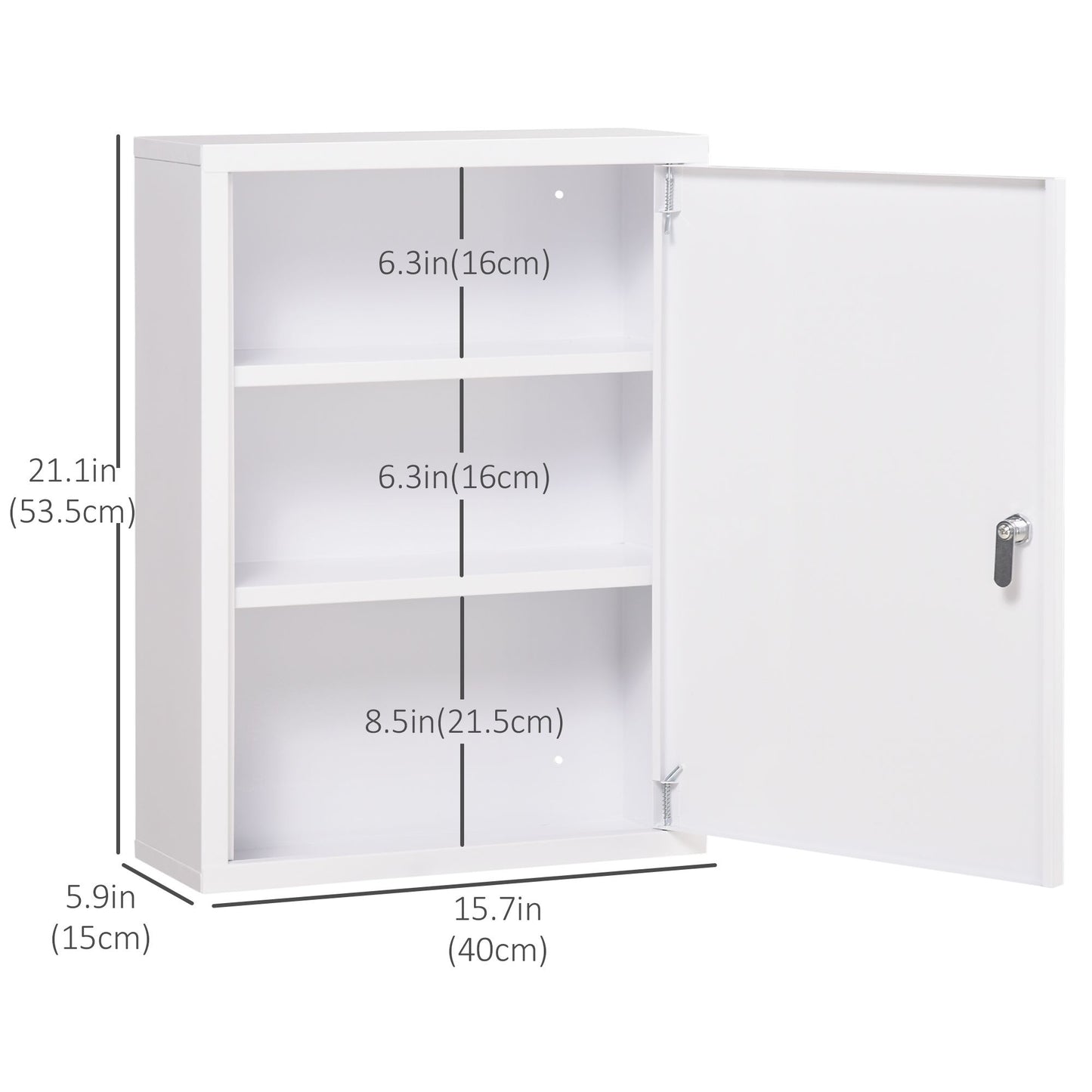 Lockable Medicine Cabinet, 3 Tier Steel Medical Wall Box with 2 Keys and Shelves for Bathroom, White