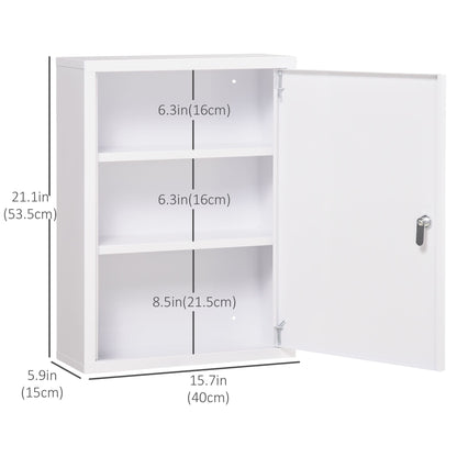Lockable Medicine Cabinet, 3 Tier Steel Medical Wall Box with 2 Keys and Shelves for Bathroom, White
