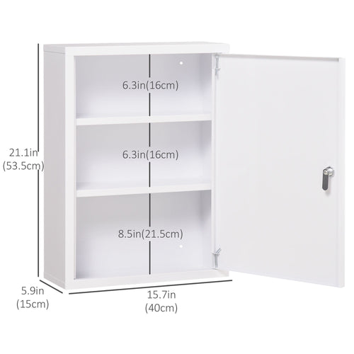 Lockable Medicine Cabinet, 3 Tier Steel Medical Wall Box with 2 Keys and Shelves for Bathroom, White