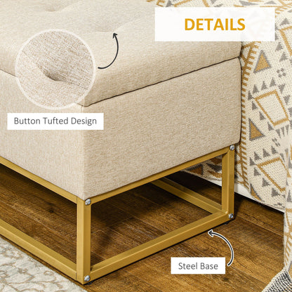 Storage Ottoman with Flip Top, Upholstered Storage Bench, Linen Fabric Footstool with Steel Legs for Living Room, Bedroom, Beige