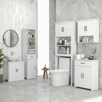 Modern Bathroom Cabinet, Narrow Bathroom Vanities with 3 Open Shelves, Drawer and Adjustable Shelf, White