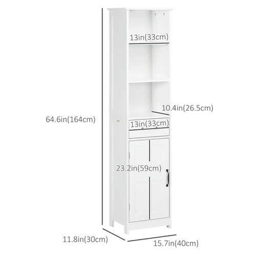 Modern Bathroom Cabinet, Narrow Bathroom Vanities with 3 Open Shelves, Drawer and Adjustable Shelf, White