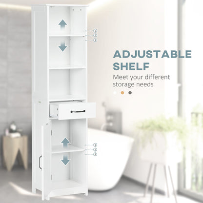Modern Bathroom Cabinet, Narrow Bathroom Vanities with 3 Open Shelves, Drawer and Adjustable Shelf, White