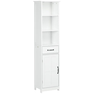 Modern Bathroom Cabinet, Narrow Bathroom Vanities with 3 Open Shelves, Drawer and Adjustable Shelf, White