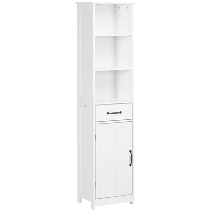 Modern Bathroom Cabinet, Narrow Bathroom Vanities with 3 Open Shelves, Drawer and Adjustable Shelf, White