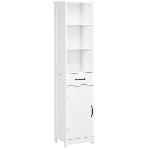 Modern Bathroom Cabinet, Narrow Bathroom Vanities with 3 Open Shelves, Drawer and Adjustable Shelf, White