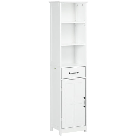 Modern Bathroom Cabinet, Narrow Bathroom Vanities with 3 Open Shelves, Drawer and Adjustable Shelf, White