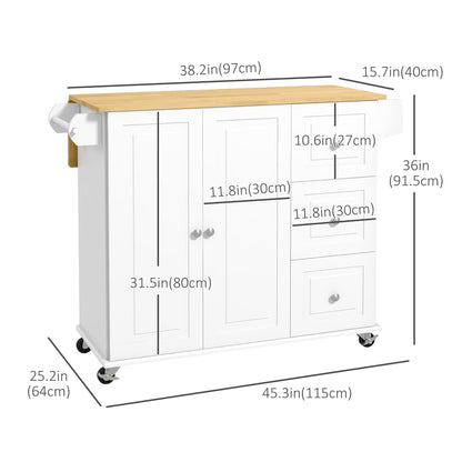 Kitchen Island with Drop Leaf, Rolling Kitchen Cart on Wheels with 3 Drawers, Cabinet, Natural Wood Top, Spice Rack and Towel Rack, White