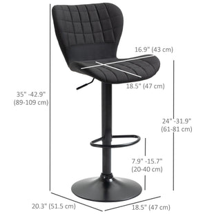 Bar Stools Set of 2, Adjustable Height Swivel Bar Chairs, Linen-feel Fabric Upholstered Kitchen Counter Stools with Wide Seat, Back and Footrest, Black