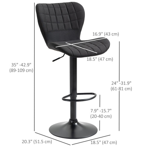 Bar Stools Set of 2, Adjustable Height Swivel Bar Chairs, Linen-feel Fabric Upholstered Kitchen Counter Stools with Wide Seat, Back and Footrest, Black