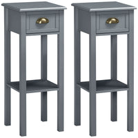 Bedside Table Set of 2, Narrow Side Table with Drawer and Shelf, 2 Tier Tall Nightstand for Bedroom, Grey