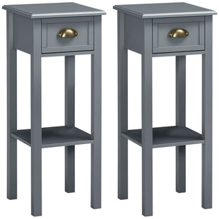 Bedside Table Set of 2, Narrow Side Table with Drawer and Shelf, 2 Tier Tall Nightstand for Bedroom, Grey