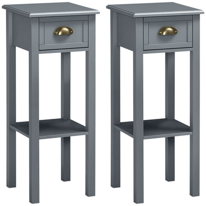 Bedside Table Set of 2, Narrow Side Table with Drawer and Shelf, 2 Tier Tall Nightstand for Bedroom, Grey