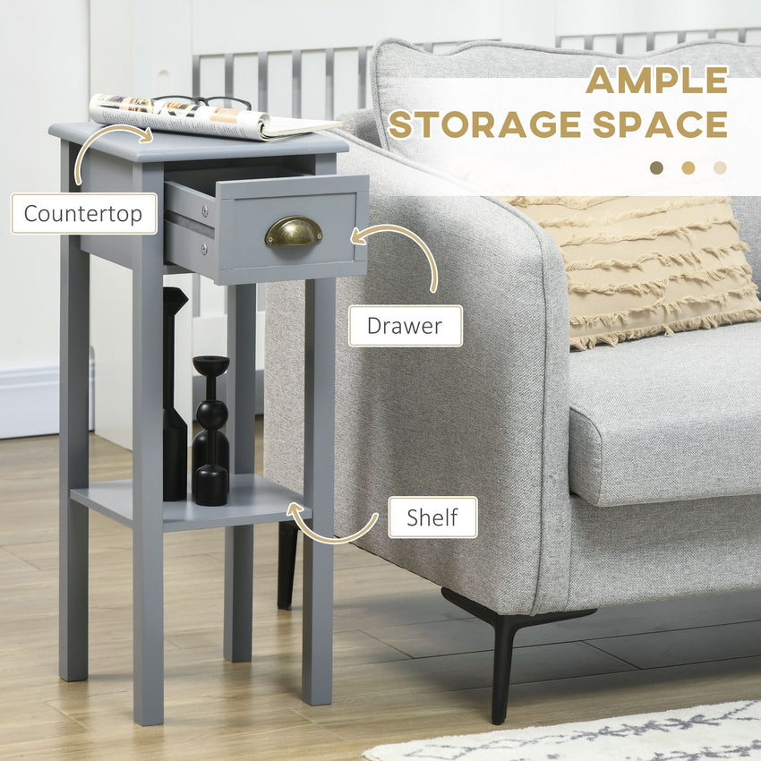 Bedside Table Set of 2, Narrow Side Table with Drawer and Shelf, 2 Tier Tall Nightstand for Bedroom, Grey