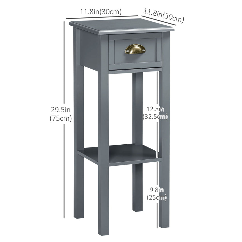 Bedside Table Set of 2, Narrow Side Table with Drawer and Shelf, 2 Tier Tall Nightstand for Bedroom, Grey